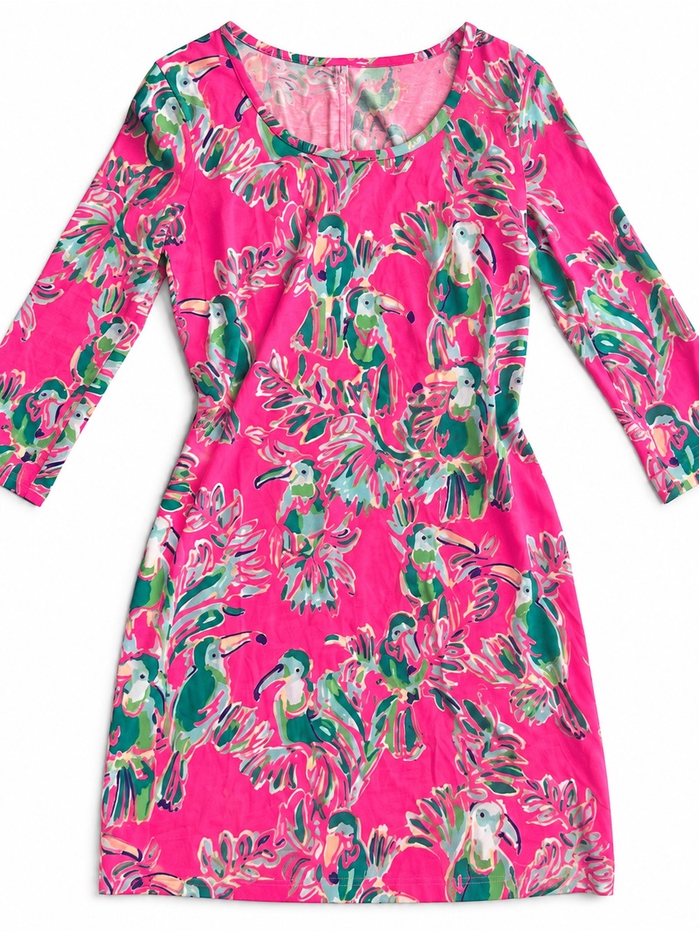 Lilly Pulitzer Hot Pink Floral & parrot-quarter Sleeve Shift Dress-NWT. Xs